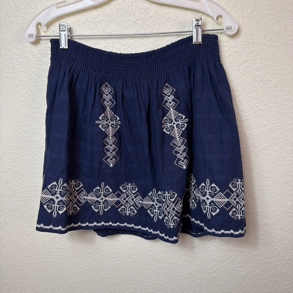 Joie Almanza Skirt Womens M Navy Blue Embroidered Cotton Smocked Elastic Mini